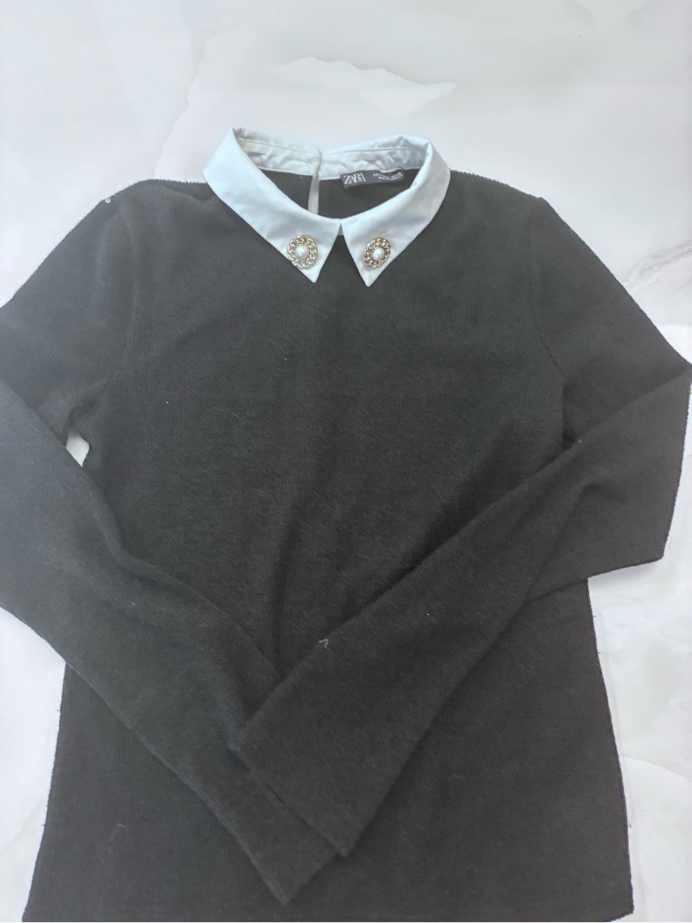 Zara Black Sweater with White Decorative Collar and Pearl Buttons